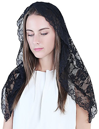 Mantilla de encaje católica para cubrir la cabeza para la misa latina, Negro, M