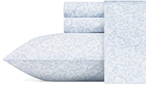 Laura Ashley Home - Twin Sheets, Soft Sateen Cotton Bedding Set - Sleek, Smooth, & Breathable Home Decor (Blossoming Blue, 3 pcs,Twin)