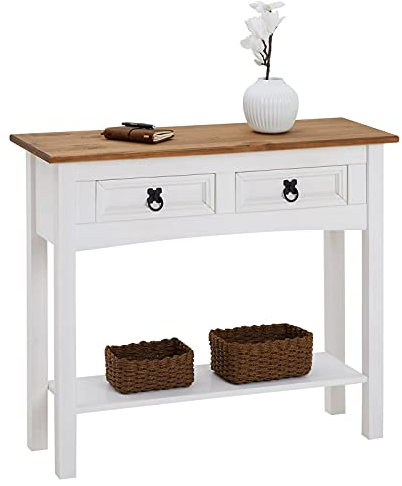 CARO-Möbel Konsolentisch Campo im Mexiko Stil Beistelltisch Kiefer massiv mit 2 Schubladen, 1 Ablageboden weiß/braun lackiert