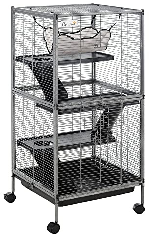 PawHut Metal Small Animal Cage, 4-Tiers Rolling Big Ferret Cage with Hammock, Removable Tray, for Chinchilla, Sugar Glider, Gray