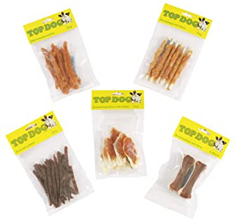 TOP Dog Snack Pack - Probiergröße small für Hunde (Hähnchenbrustfilet 80g, Entenbrustfilet 80g, Kaninchenohren m. Huhn 70g, Kaustange m. Huhn 70g, Kauknochen m. Ente 2 Stck.)