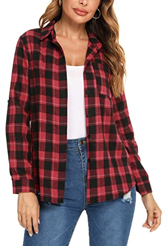 Irevial Camisa Cuadros Mujer Blusa Manga Larga Camisetas con Botones Check Shirt Camisas Oficina para Primavera Otoño Invierno Rojo+Negro, XL