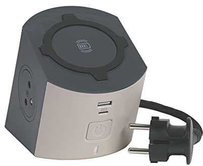 LEGRAND - Multikontakt/laddningsstation - 2 x ytuttag med jord + 1 Qi+ induktionsladdare, 1 USB-C-kontakt + 1 USB-A-kontakt - med 2 m sladd - brungrå och mörkgrå