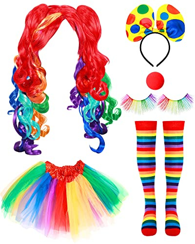 6 Pieces Halloween Rainbow Wig Rainbow Tutu Cosplay Wig Rainbow Clown Costume Eyelashes Red Nose for Girls Women Cosplay (Small)