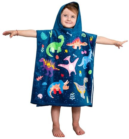 Theonoi Kinder Poncho Badeponcho Kapuzenhandtuch/Bademantel Handtuch Duschtuch Strandtuch Badetuch- mit Kapuze für Jungen & Mädchen 100% Baumwolle (Dinosaurier)