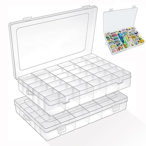 SENENQU 2 Stück Sortierboxen für Kleinteile – 27,3 x 17,6 x 4,3 cm – Sortierbox 36 Fächer Kleinteilebox, Aufbewahrungsbox Einstellbar Fächer, Schmuck, Schrauben, Perlen