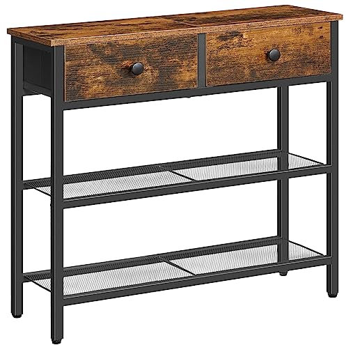 HOOBRO Console Table, Slim Console Table with 2 Non-woven Drawers, Hallway Table with Storage, Slim Sofa Table for Small Spaces, Living Room, Entryway, Kitchen, Rustic Brown and Black EBF72XG01