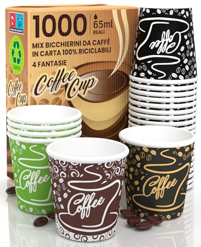 1000 Tazas de Papel para Café 65 ml CoffeeCUP Mix Ecológicas Biodegradables Desechables Tazas Pequeñas para Llevar Bebidas Calientes