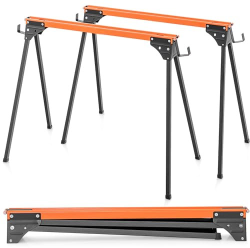 GOPLUS Juego de 2 Caballetes de Sierra Plegables con Capacidad de Carga 500 KG, Superficie y Patas Antideslizante, Ganchos para Madera, Caballete de Metal Portátil para Serrar (96,5 x 47 x 76 cm)