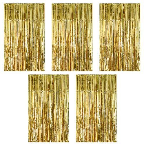 Roosea 5 Piezas Cortina Metálica Cortinas de Oropel Metálico Foil Fringe Cortinas 1 x 2 m Cortinas Fiesta Cortina Flecos Metálica Cortina De Flecos Decoracion para Bailes Bodas Navidad Oro