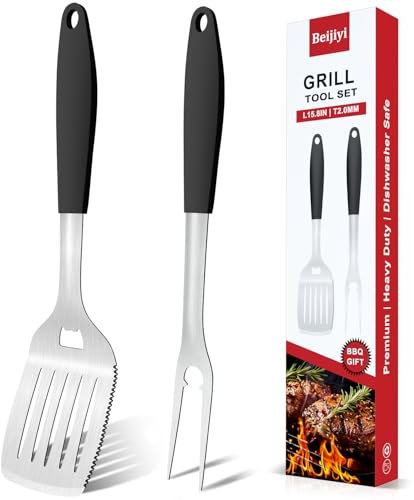 Beijiyi 2 PCS BBQ Tools Set, Stainless Steel BBQ Cooking Accessories Utensil Set - BBQ Grill Tool Spatula and Fork with Silicone Handle, Outdoor Barbecue Tools Accessories BBQ Utensils Gifts for Men