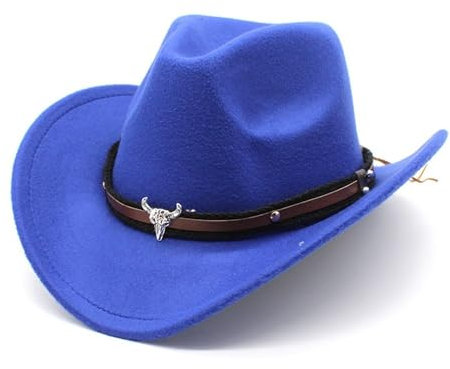 Metal Cowhead-logotyp Western Cowboyhatt Höst och vinter Yllejazzhatt Filtmössa Cowboyhatt for män och kvinnor(Blå)