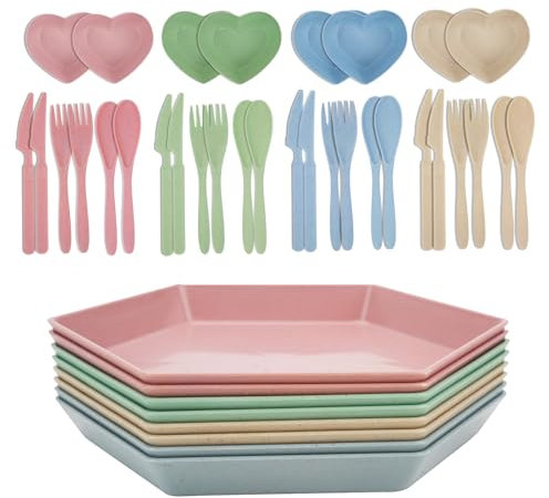 Mulaibdin 8 Stk Plastikteller Mehrweg, Teller Set Bunt mit Besteck & Dipschalen, 6.6 inch Kinderteller Plastik BPA Frei, Camping Teller Kunststoff, Unzerbrechliches Speiseteller für BBQ,Pasta,Party