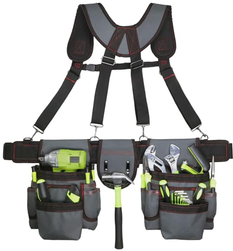 Tool Belt for Men, 32 to 66 Inches Adjustable Waist, Tool Belt with Suspenders for Electricians, Carpenters, Construction Workers and Gardeners, Grey and Red
