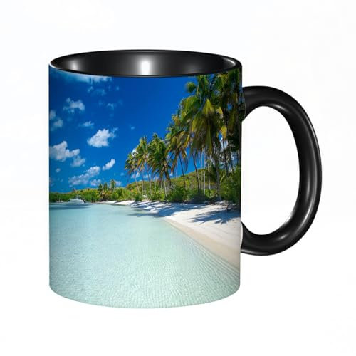 HRRASFAZF Tasse Kaffeetassen,Große 330ml Mit Henkel 100% Handbemalt kaffeebecher porzellan,Einzigartiges Meer, Relax Beach Resort Spa und Palmen P,Frauen,Jahrestag,Muttertag