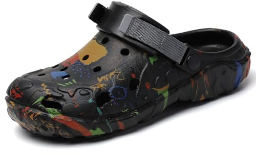 SECHRITE Sabots de Jardin Homme Femme Graffiti - Chaussures de Jardin Légères Été Clogs Mules Confortable Plastique Antidérapante Plage Hôpital Jardin Pantoufles Noir 39-40 EU