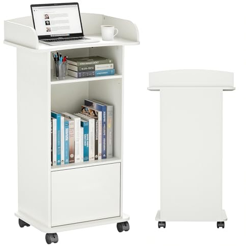 SOCOMFAY Holz-Rednerpult, Stehpult mit Rollen, Rednerpult mit 3 Ablageflächen, Podium für Kirchen, Vorträge, Schulen und Seminare (Weiß)