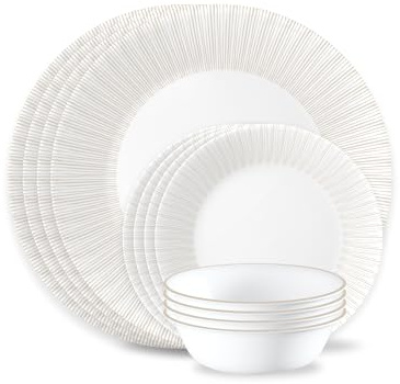 Corelle 12-Piece Vitrelle Glass Hush Lines Chip and Break Resistant Dinner Set, Service for 4, Cream
