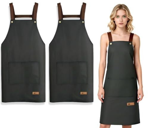 HUSHRICH 2Pcs Kitchen Apron Black, Adjustable Kitchen Chef Aprons with Pockets, Waterdrop Resistant Cooking Kitchen Chef Apron for Women Men Home Kitchen Butchers BBQ Restaurant