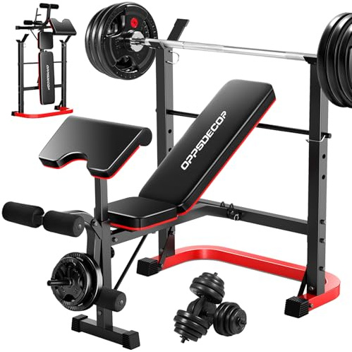 OPPSDECOR 6 in 1 Weight Bench Set with Leg Extension and Leg Curl, 660 LBS Adjustable Bench Press Set with Preacher Curl Pad, Foldable Workout Bench for Home Gym, Strength Training for Teens/Adults (Scarlet)