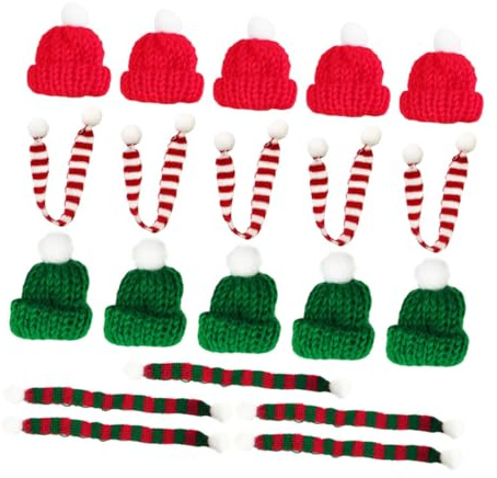 LOLIPPYY 20 St Miniatyr Julhatt och Halsduk Stickad Röd och Grön Små Dekorationer för Julgranspynt Vinglas Flasketäckning Värmande Festdekorationer