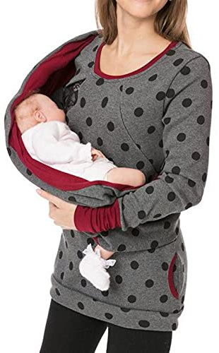Bärande huvtröja för kvinnor, 3-i-1 fleece känguru moderskap amningströjor, graviditet gravid amningströja topp sweatshirt vinter höst, Mörkgrått, L