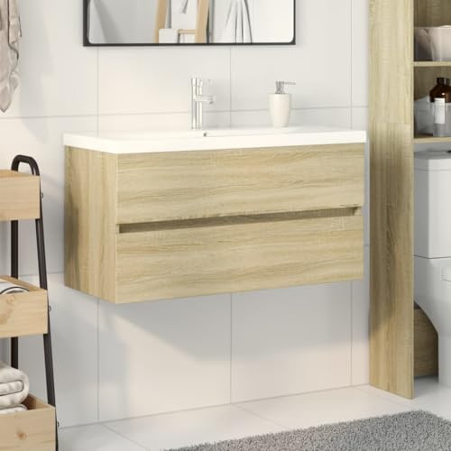 Holamys 2-TLG. Badrumsmöbelset Sonoma-ek, keramik och trämaterial, 90 x 38,5 x 45 cm, väggmontering, rymligt förvaringsutrymme, för snyggt badrum