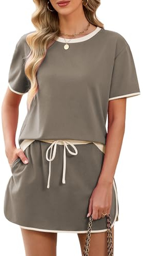 Famulily Short Sleeve Womens Tracksuit Sets Color Block Lightweight Shirt and Elastic Waist Skorts with Pockets Coffee S