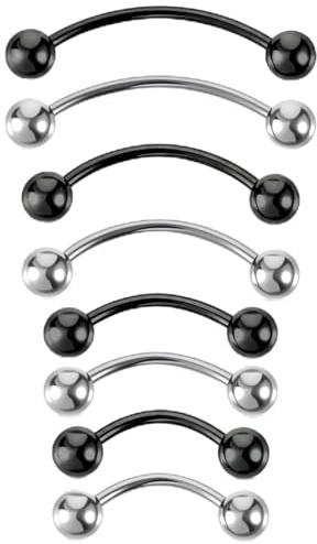 8 Pc 20G Curved Barbell Piercing Jewelry 4 Size For Women 6mm 8mm 10mm 12mm | Stainless Steel, Snake Eye Tongue Rings, Vertical Labret, Lip Jewelry, Eyebrow Piercing, Belly Button Ring, Eyebrow Ring