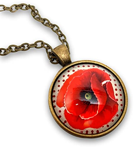 Collier cabochon, sautoir illustré fantaisie, vintage, rétro, bohème, original, parure « joli coquelicot » fleur, pois, rouge, blanc (ref.89).
