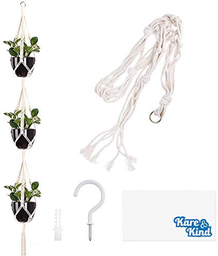 Kare & Kind 3-Tier Macrame Plant Hanger - Includes a Hook, Expansion Bolt, Cleaning Cloth - 3 Pot Display - Cotton Rope Material- for Flower Pots and Hanging Plants - Indoor and Outdoor Use