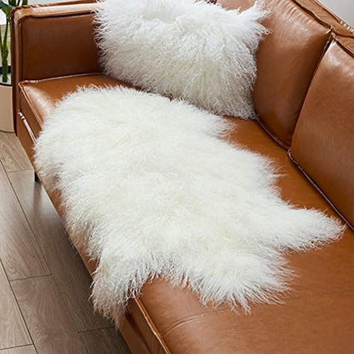Genuine Tibetan Fur Rug/Ivory White Real Mongolian Sheepskin Hide Pelt Throw Rug Plate Lamb Wool Carpet, 39.5-41.5 Long