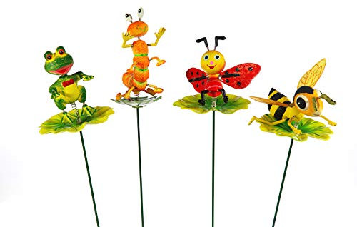 4er Set Blumenstecker Tiere auf Blatt | H60cm Eisen Polystyrol bunt | Biene Frosch Raupe Marienkäfer beweglich | Gartendeko (4)