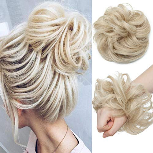 Messy Hair Bun Hair-Scrunchies Extension Curly Wavy Thick Synthetic Chignon for women Updo Hairpiece Ponytail HairAccessories Ash Blonde mix Bleach Blonde