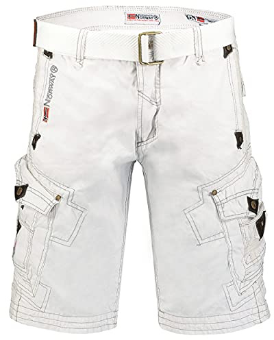 Geographical Norway Panoramique Bermudashorts för män, herrshorts i bomull, sportiga cargoshorts, korta, med ett bälte, normalt snitt, perfekt present, lämpliga för vår och sommar, Vit, M
