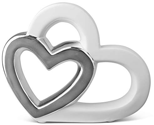 Elegante Figura Decorativa a Forma di Cuore in Ceramica - 16cm, Bianco e Argento - Moderno Deco Adatto Come Regalo