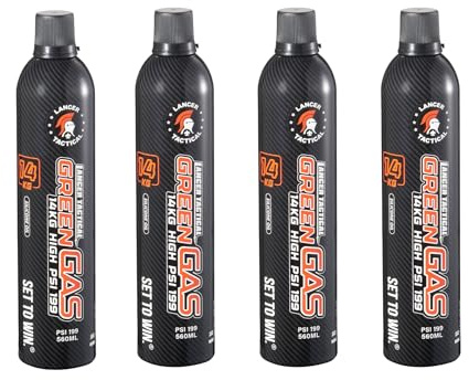 Lancer Tactical 560ml/18.9oz 14kg Powerful Green Gas High PSI G-1200 for Airsoft Pistol, Airsoft Rifle, Air Gun (Silicone Oil) -Pack of 4