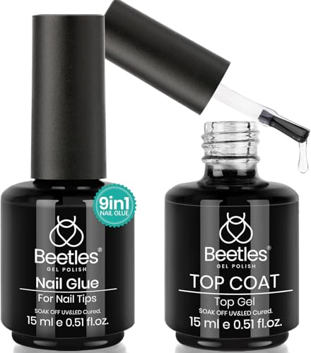 Beetles Gel Nail Glue and No Wipe Top Coat Kit, 2Pcs 15ml 9 In 1 UV Nail Glue for Acrylic Nail Tips Clear Press On Nails, Easy Nail Extension Gel, Soak Off LED Shine Finish DIY Home Manicure