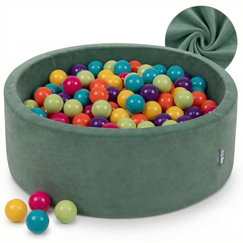KiddyMoon Velluto Piscina di Palline 90X30cm/200 Palline per Bambini Tondo Fabbricato in EU, Velluto Verde: Verde Chiaro/Giallo/Turchese/Arancione/Rosa Scuro/Viola