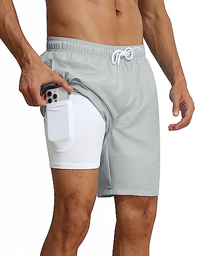 Nonwe Men's Swimming Shorts 7 Inch Inseam Water Sports Beach Bathing Trunks with Compression Liner Light Gray 32