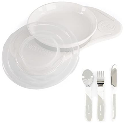 Twistshake Babygeschirr-Set Mini + Besteck | Baby-Saugnapfplatte + Baby-Tischset (31 x 17 cm) + Besteck 12 m+ | BPA-frei | Essenstrainingsteller | Weiß