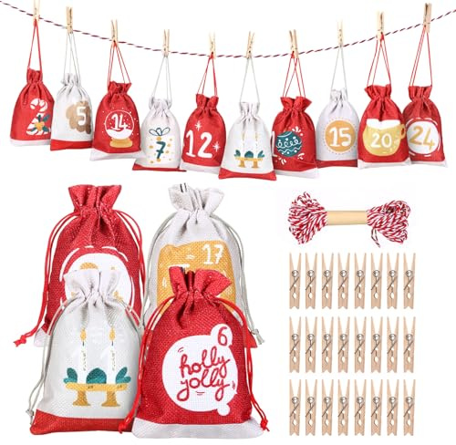 GWHOLE 24 Advent Calendar Bags, Fill Your Own Christmas Set with Clips | Reusable,Numbered Red and White Drawstring Pouches, 15.5 x 11 cm Each, with 24 Wooden Clips and 10 m Hanging String
