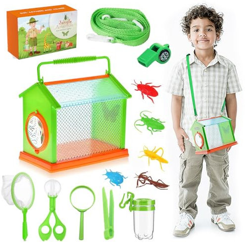 DAZZTIME Forscherset für Kinder,15 Stück Teiliges Entdecker Set,Insekten Forscherset Kinder,mit Insektenfänger,Becherlupe,Pfeife mit Kompass,Naturerkundungen und Abenteuer Geschenk für Kinder.