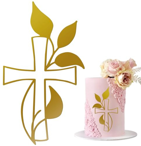 AWAVM 1 piece Cake Decoration Cross cake tops pigeon or acrylique cake decor, mariage, anniversaire, Noël, fête plus, effet miroir brillant pour Croix et feuilles
