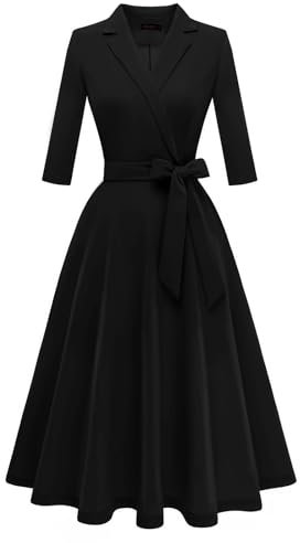Meetjen Women's Wrap Flared Midi Dress A-Line Wedding Guest Cocktail Tea 3/4 Sleeve Swing Formal Dresses,Black,L