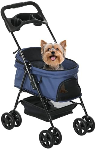 PawHut Cochecito para Perros Plegable Carrito para Perros Pequeños con Ruedas Universales Cesta de Almacenaje Correas de Seguridad y Ventana 67x45x96 cm Azul Oscuro