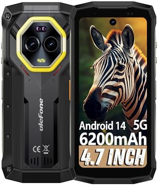 Ulefone Armor Mini 20 Pro Outdoor Handy, Android 14 5G Mini Smartphone mit 16GB+256GB/SD-2TB, 4.7 Zoll HD+ 90Hz IP68/69K Wasserdicht Handy 6200mAh/33W Schnellladung, 64MP Nachtsicht, Dual SIM GPS/NFC