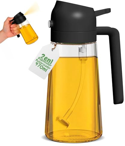 Genérico No.Na Aceitera Spray 2 en 1 (470 ml) – Dispensador y Pulverizador de Aceite de Oliva Antigoteo – Botella de Vidrio para Cocina, Freidora de Aire y Barbacoa