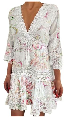 Jumpsuits - Vestido corto de playa para mujer, cuello en V, manga de siete cuartos, estilo bohemio, con escote y estampado floral a rayas, rojo, L