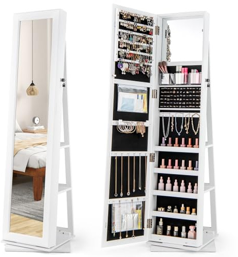 COSTWAY Armadio Portagioie Girevole a 360°, Organizzatore di Gioielli con Specchio a Figura Intera, Specchio Portagioie con Scaffali Posteriori, 3 Scatole Acrilico (Bianco, 43 x 38 x 159 cm)